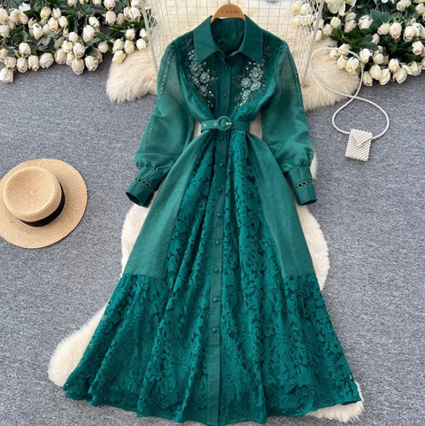 French Style Beaded Lace Shirt Dress