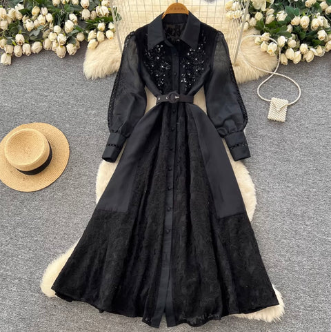 French Style Beaded Lace Shirt Dress