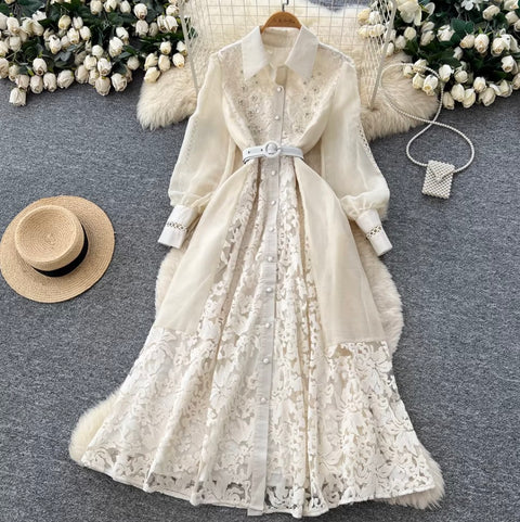 French Style Beaded Lace Shirt Dress