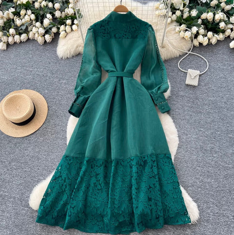 French Style Beaded Lace Shirt Dress