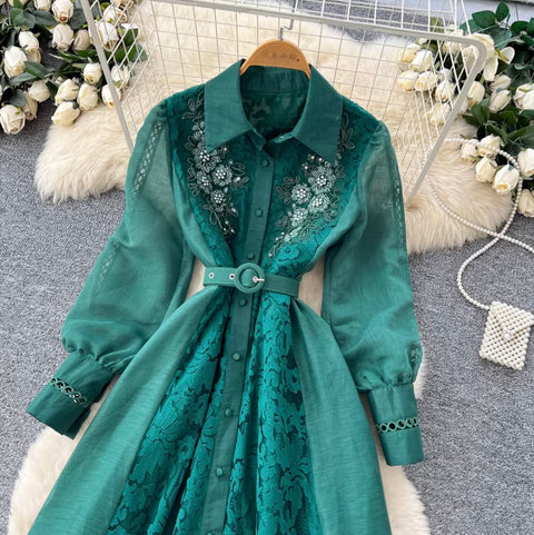 French Style Beaded Lace Shirt Dress