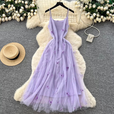 Butterfly Embroidered Purple Slip Dress