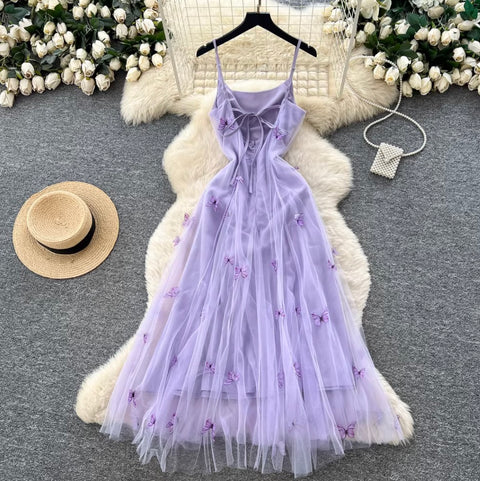 Butterfly Embroidered Purple Slip Dress