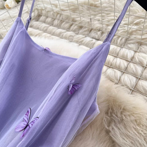 Butterfly Embroidered Purple Slip Dress