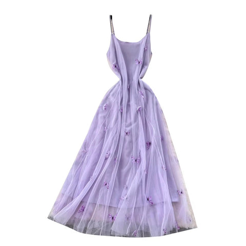 Butterfly Embroidered Purple Slip Dress