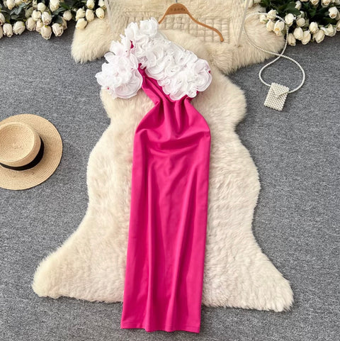Slant Neckline 3D Ruffled Dress