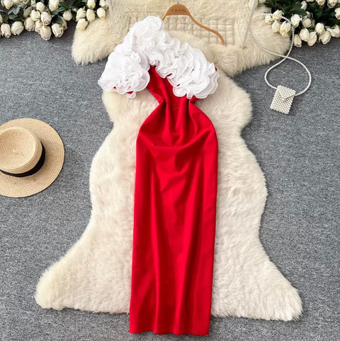 Slant Neckline 3D Ruffled Dress
