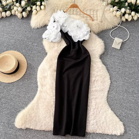 Slant Neckline 3D Ruffled Dress