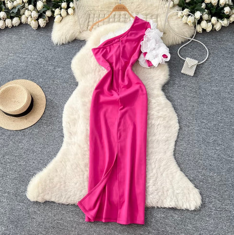 Slant Neckline 3D Ruffled Dress