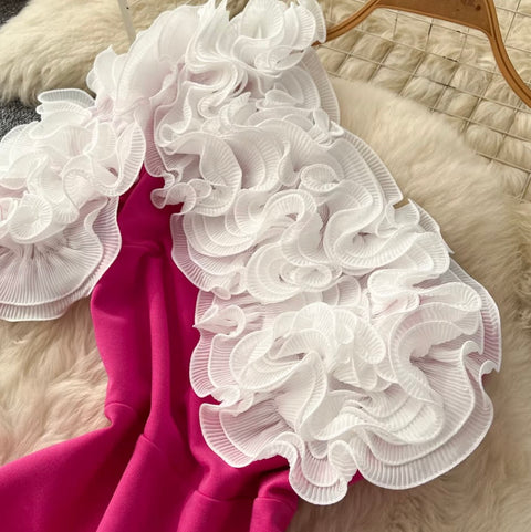 Slant Neckline 3D Ruffled Dress