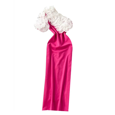 Slant Neckline 3D Ruffled Dress