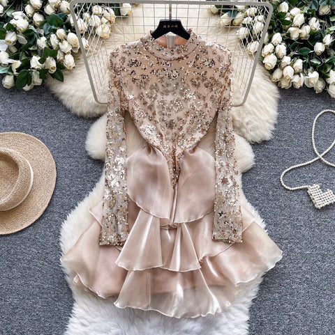 Sequined Patchwork Layered Cake Dress