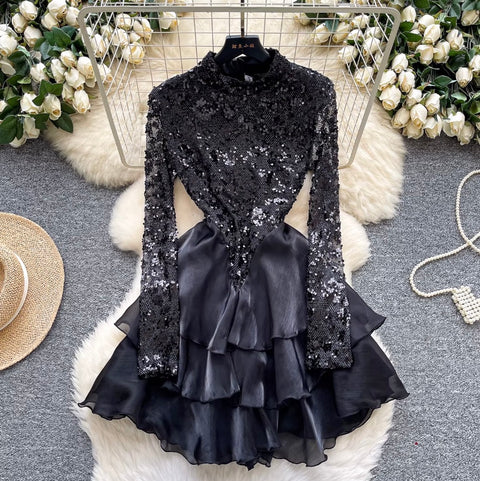 Sequined Patchwork Layered Cake Dress