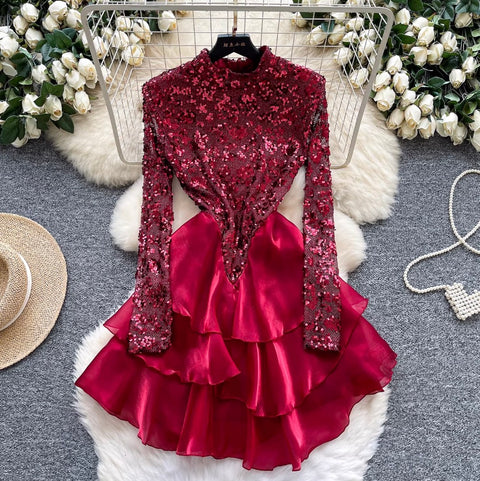 Sequined Patchwork Layered Cake Dress