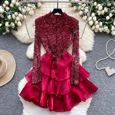 Sequined Patchwork Layered Cake Dress