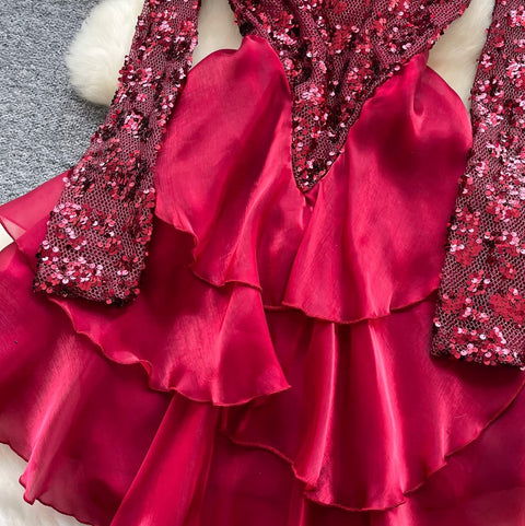 Sequined Patchwork Layered Cake Dress