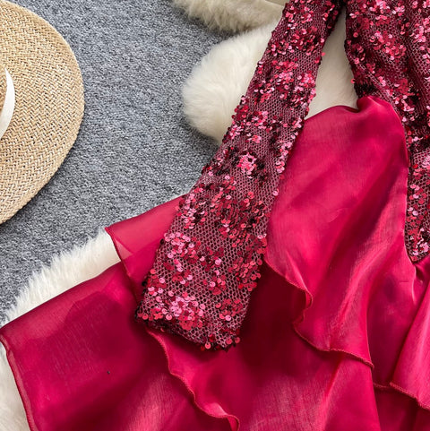 Sequined Patchwork Layered Cake Dress