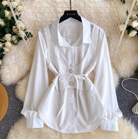 Lace Girdle Patchwork White Shirt