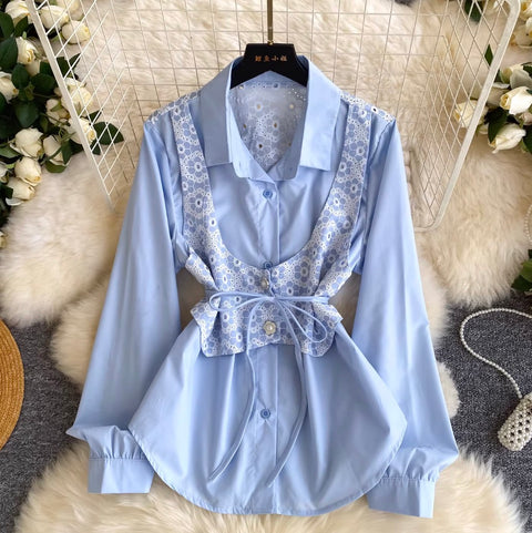 Lace Girdle Patchwork White Shirt
