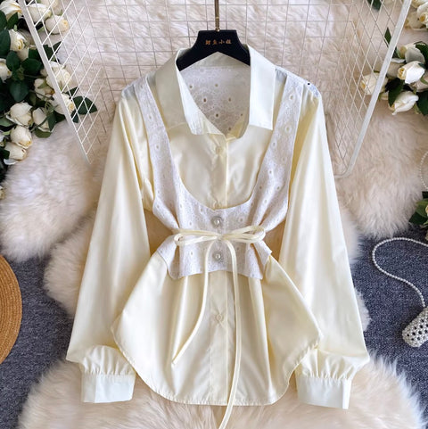 Lace Girdle Patchwork White Shirt