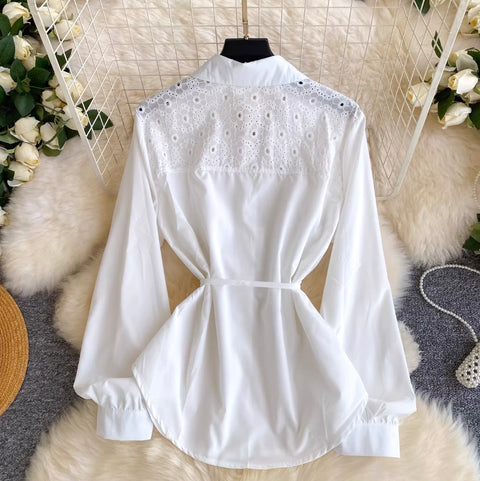 Lace Girdle Patchwork White Shirt