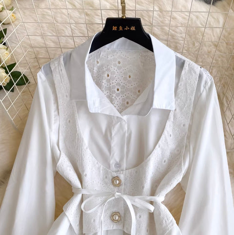 Lace Girdle Patchwork White Shirt