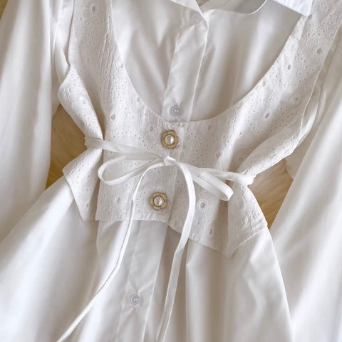 Lace Girdle Patchwork White Shirt