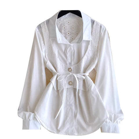 Lace Girdle Patchwork White Shirt