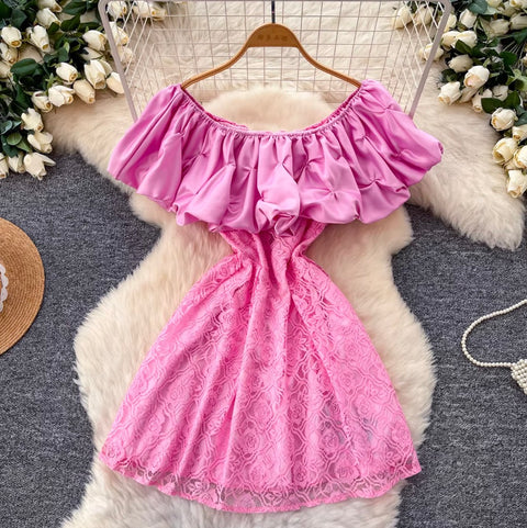 Ruffled Round Neckline Lace Dress