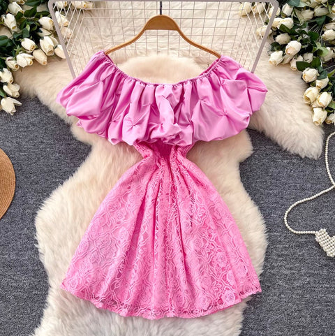 Ruffled Round Neckline Lace Dress
