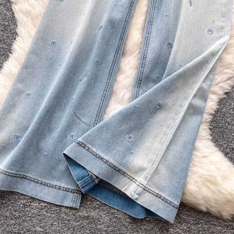 Rhinestone Studded Flared Jeans