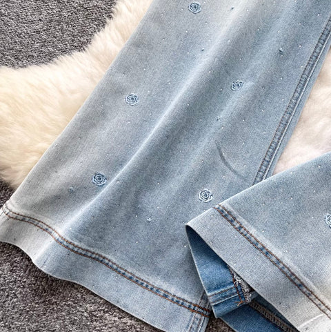 Rhinestone Studded Flared Jeans