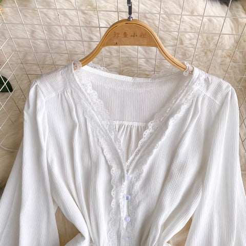 V-neck Lace Flared Sleeve Top