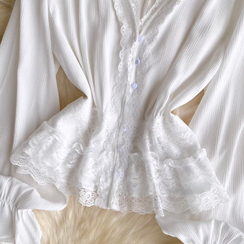 V-neck Lace Flared Sleeve Top