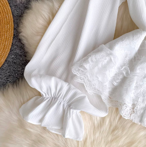 V-neck Lace Flared Sleeve Top