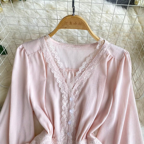 V-neck Lace Flared Sleeve Top