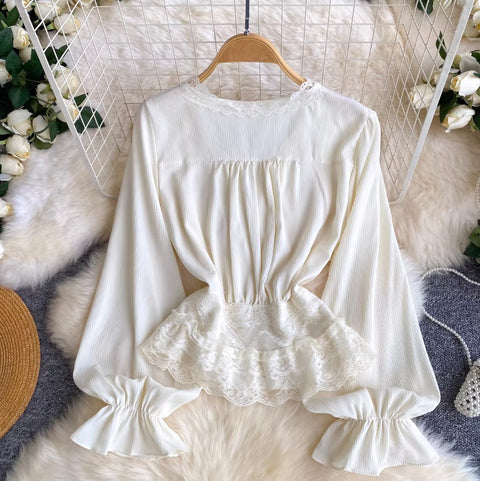 V-neck Lace Flared Sleeve Top