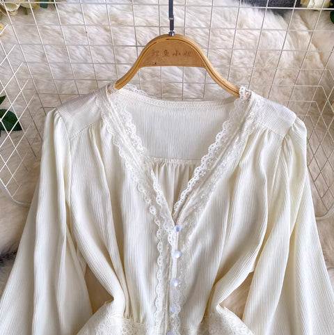 V-neck Lace Flared Sleeve Top