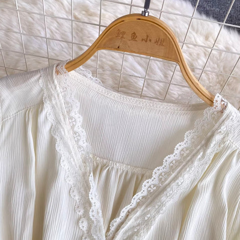 V-neck Lace Flared Sleeve Top