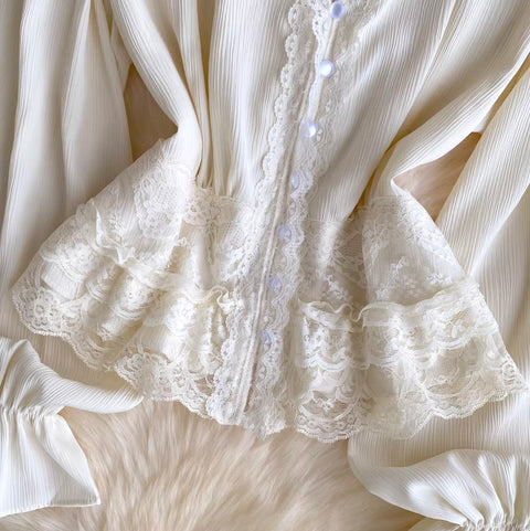 V-neck Lace Flared Sleeve Top