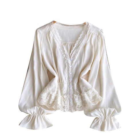 V-neck Lace Flared Sleeve Top