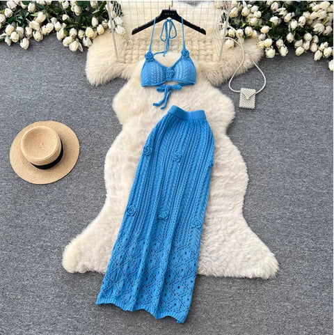 3D Flower Knit Bikini & Skirt 2Pcs