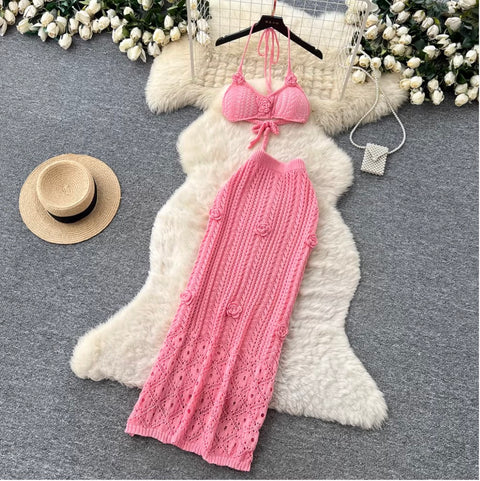 3D Flower Knit Bikini & Skirt 2Pcs