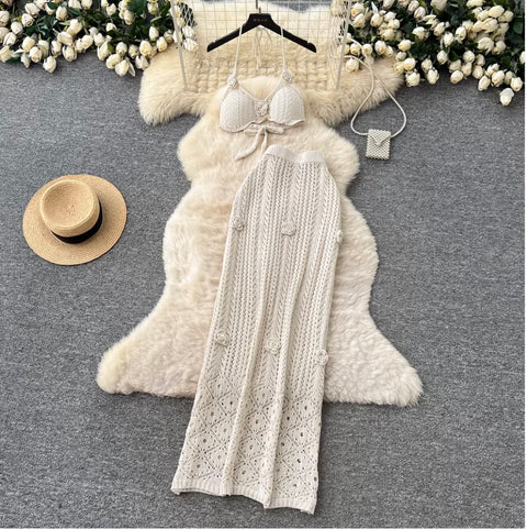 3D Flower Knit Bikini & Skirt 2Pcs