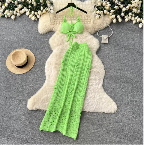 3D Flower Knit Bikini & Skirt 2Pcs