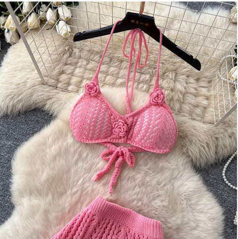 3D Flower Knit Bikini & Skirt 2Pcs