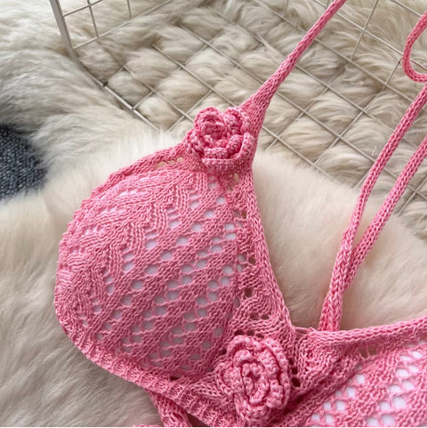 3D Flower Knit Bikini & Skirt 2Pcs