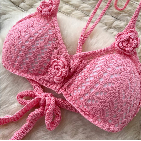3D Flower Knit Bikini & Skirt 2Pcs