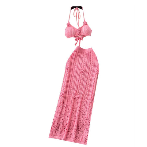 3D Flower Knit Bikini & Skirt 2Pcs