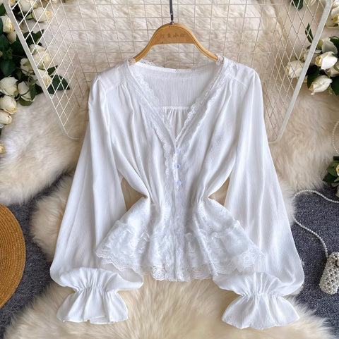 V-neck Lace Flared Sleeve Top